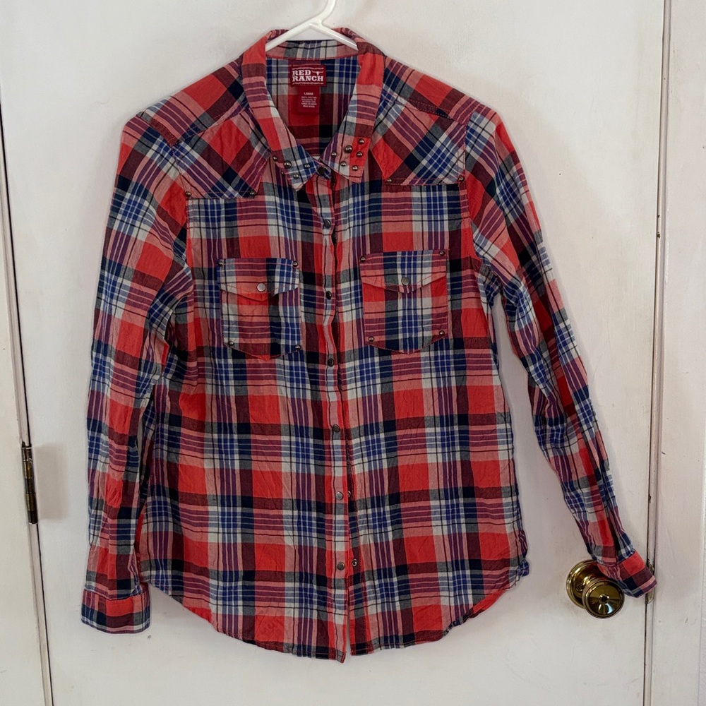 Red Ranch red blue plaid long sleeve button down western shirt Size Large